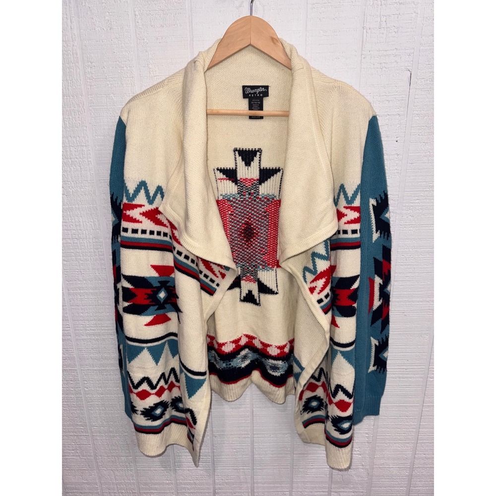 Wrangler Retro Cardigan Women Ivory Southwestern Geometric Open Front M LWS317M